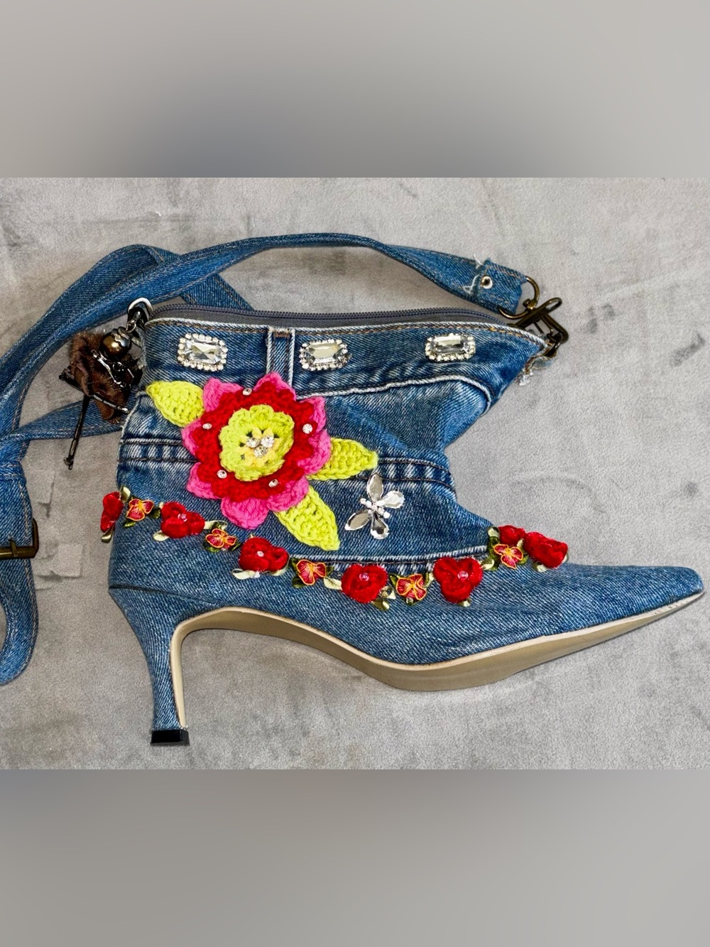 Hand-Made Denim Embroidered Floral Boot Handbag